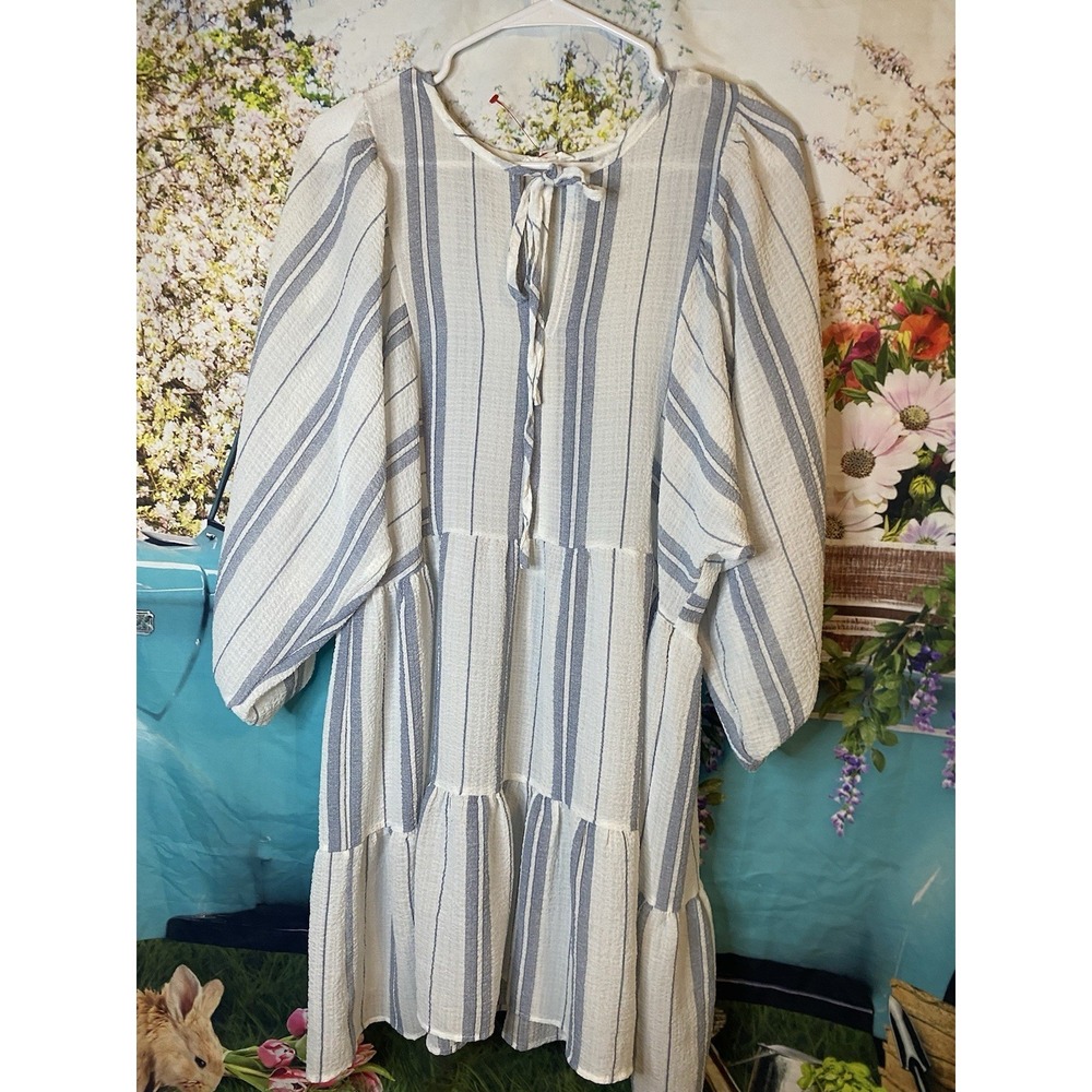Womens‎ Mini Dress Small White Blue Stripe Tiered Balloon Sleeve